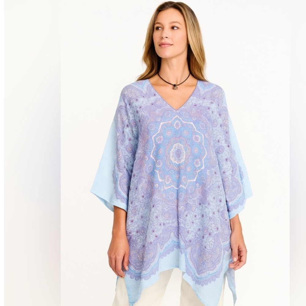 J. MCLAUGHLIN Redondo Linen Poncho Blue Purple Block Print Caftan Small
